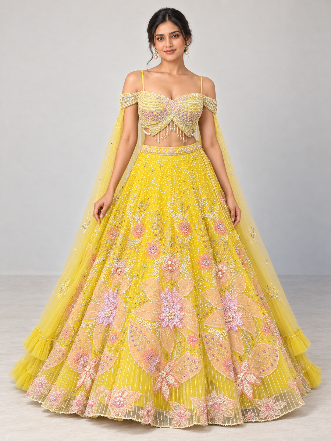 The Rang Mahal Edit: Pushpika Floral Pearl Lehenga — Yellow — full-length