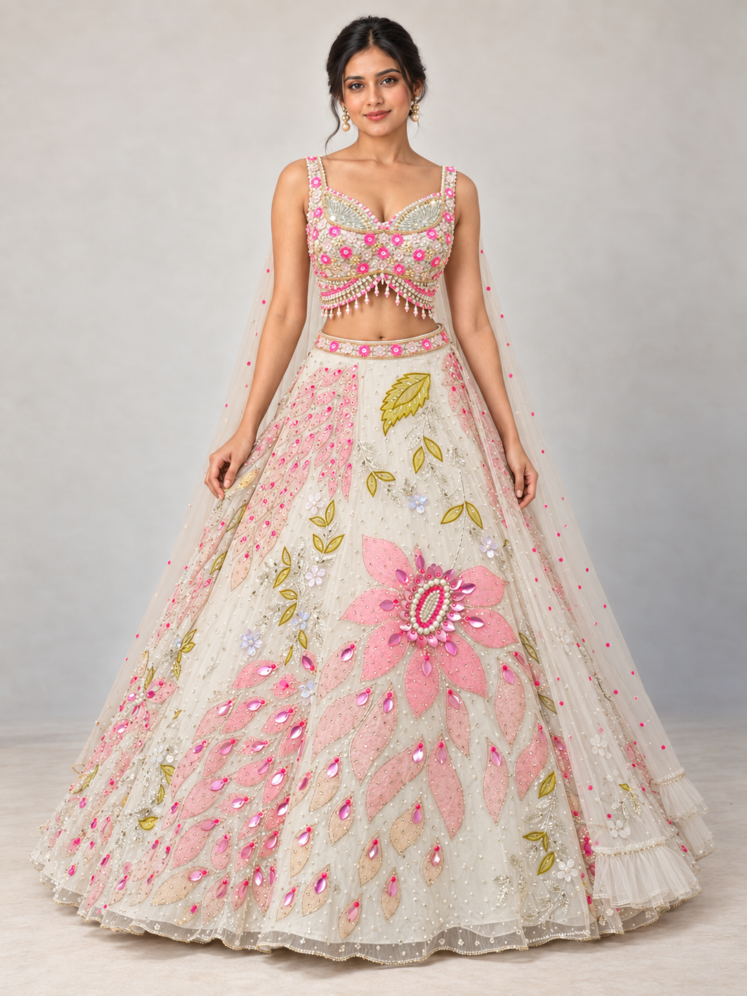 The Rang Mahal Edit: Kusum Floral Appliqué Lehenga — Ivory — full-length