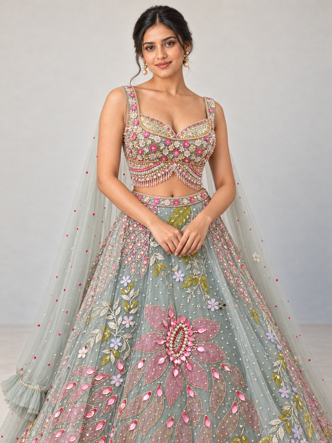 The Rang Mahal Edit: Kusum Floral Appliqué Lehenga — Sage Green — close-up