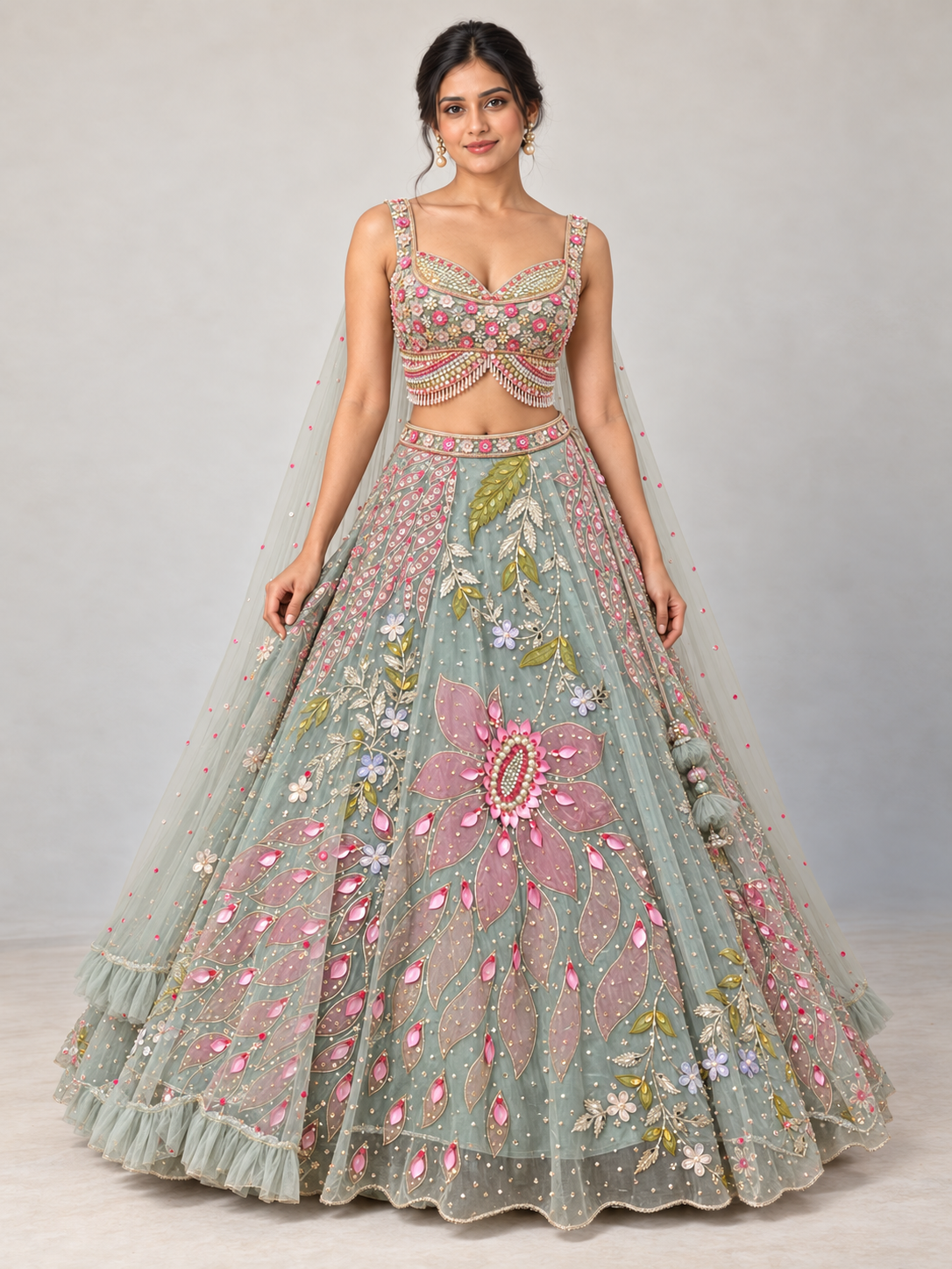 The Rang Mahal Edit: Kusum Floral Appliqué Lehenga — Sage Green — full-length