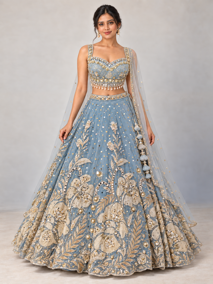 The Rang Mahal Edit: Kanak Gold Floral Net Lehenga