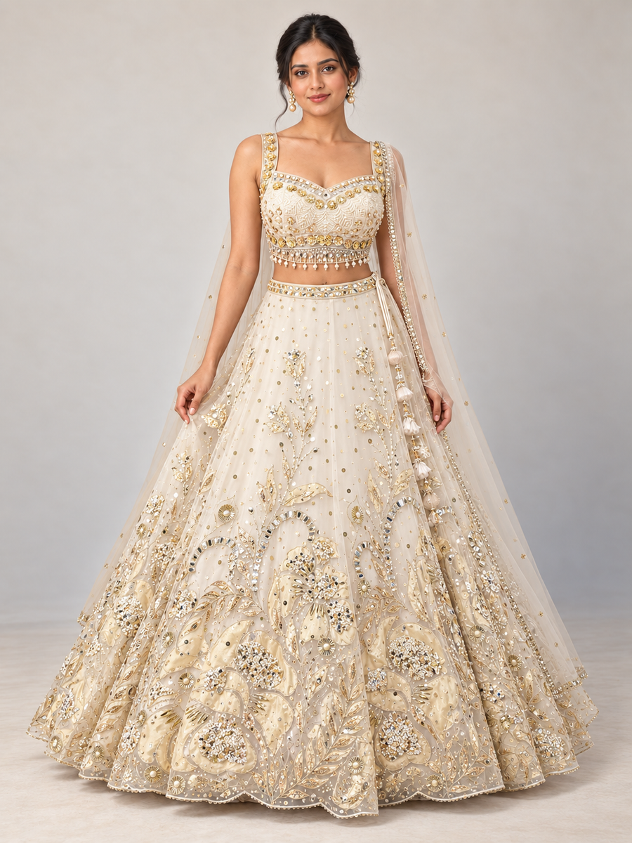 The Rang Mahal Edit: Kanak Gold Floral Net Lehenga