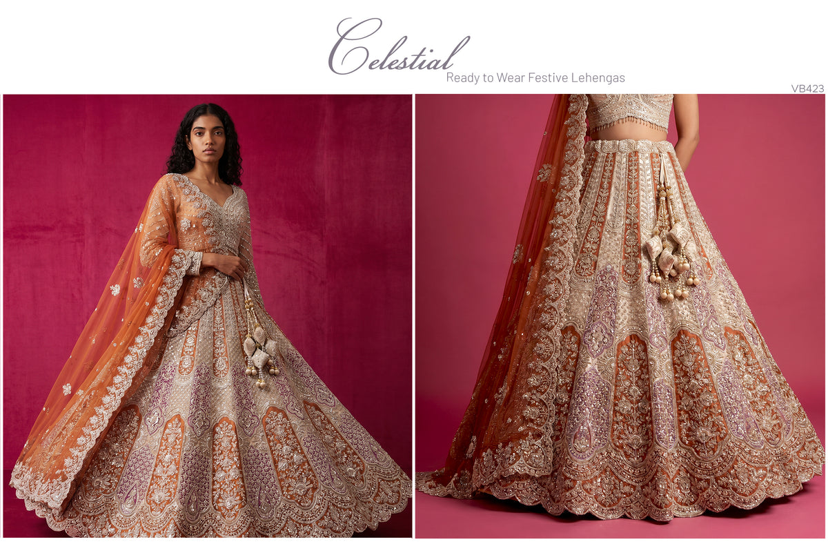 The Banaras Loom Collection: Ivory & Orange Heritage Lehenga Ensemble II – Ivory and Orange – view 2