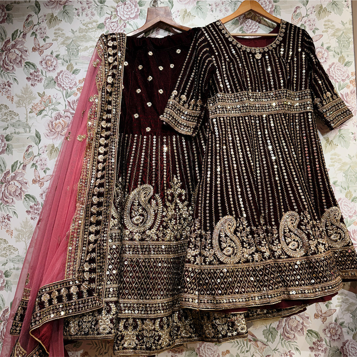 The Vivaha Edit: Wine Heritage Lehenga Ensemble – Wine – view 1