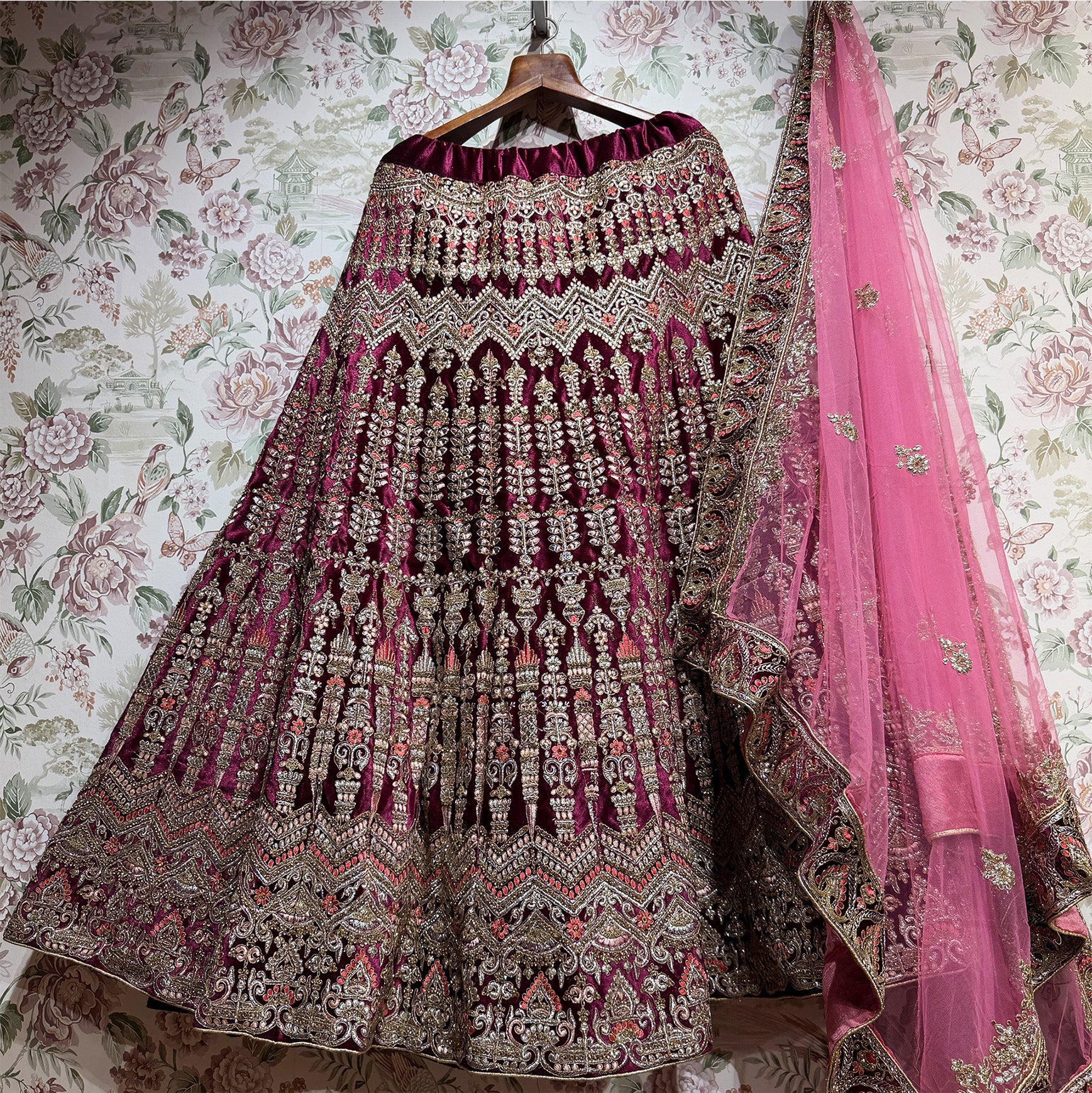 The Jharokha Heirloom: Wine Heritage Lehenga Ensemble III – Wine – view 1
