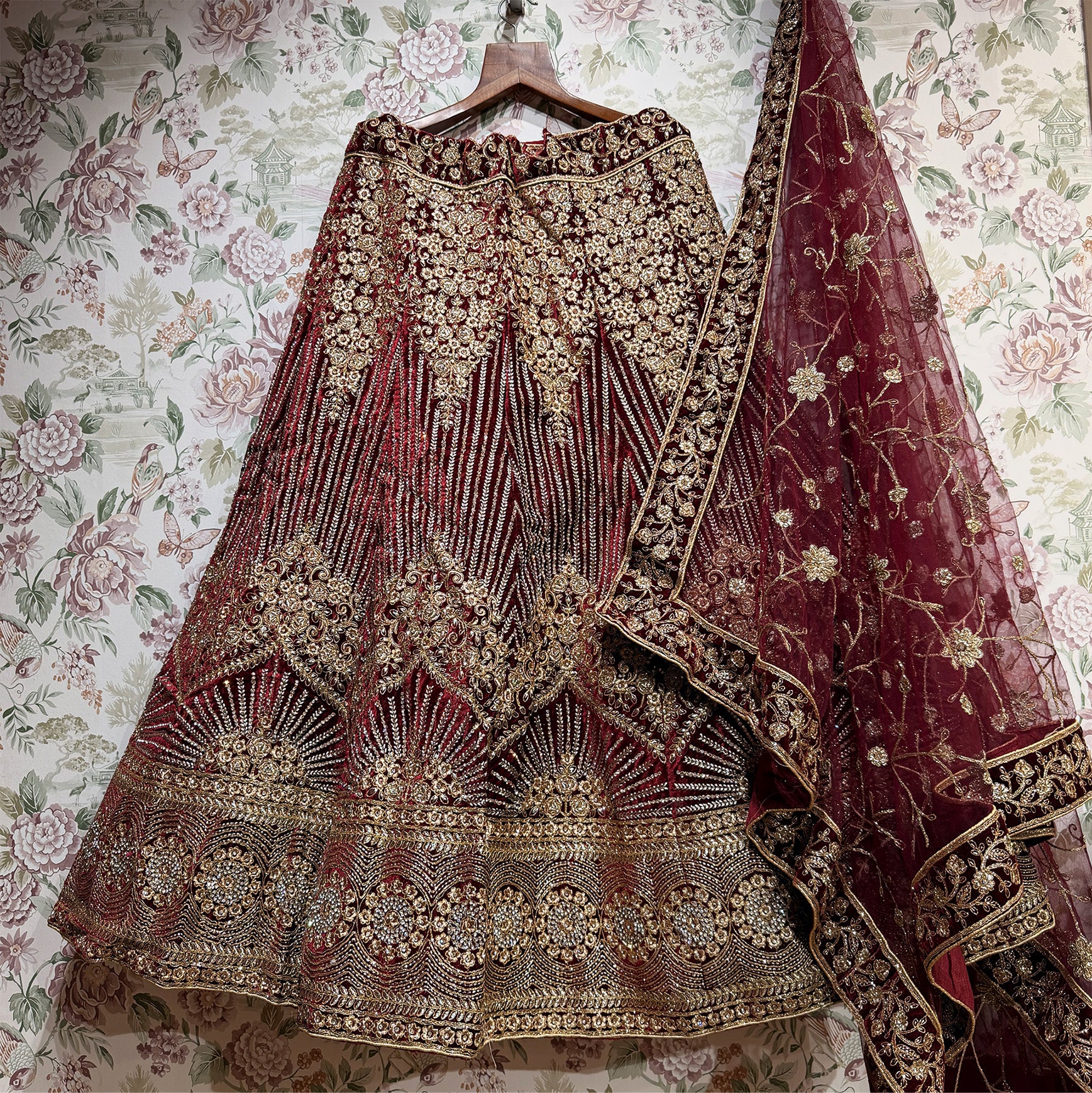 The Kalyani Darbar: Wine Heritage Lehenga Ensemble II – Wine – view 1