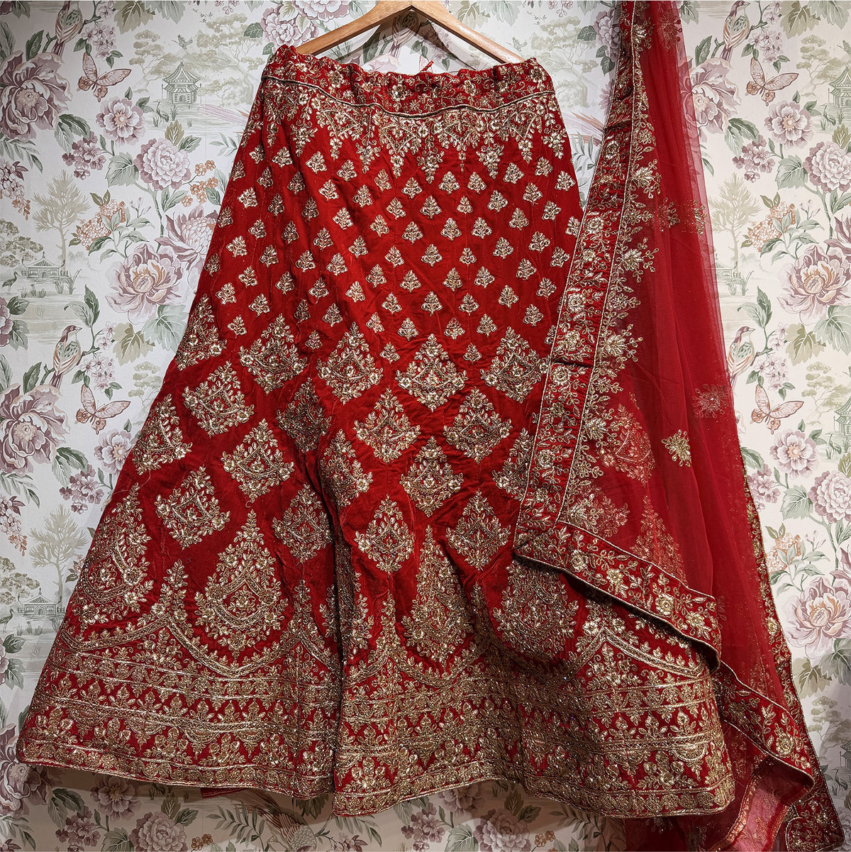 The Saubhagya Darbar: Red Heritage Lehenga Ensemble II – Red – view 1