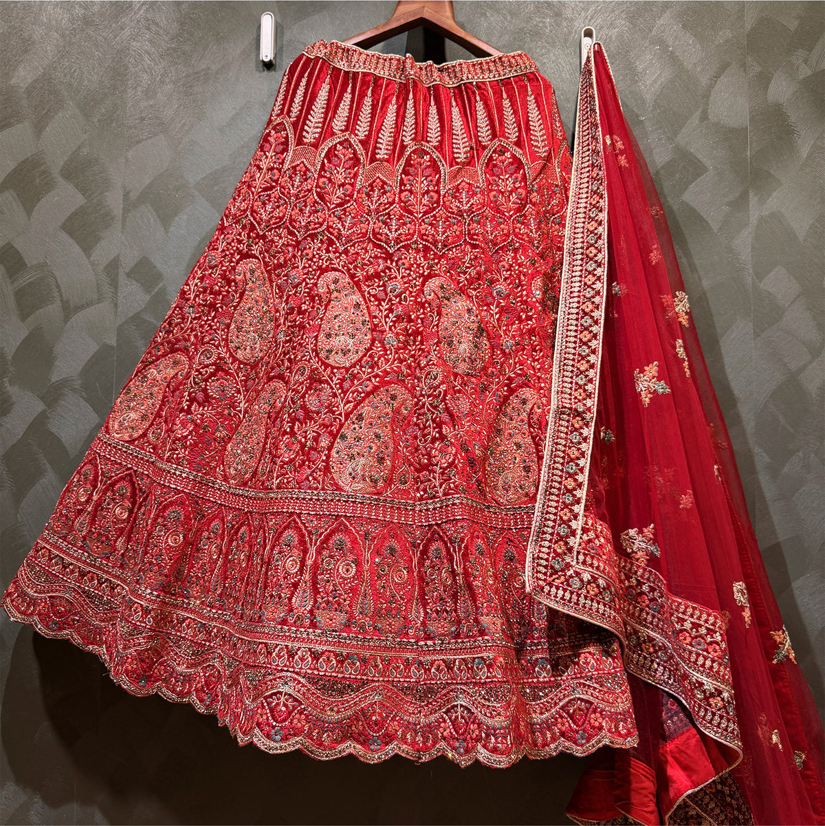 The Kalyani Darbar: Red Heritage Lehenga Ensemble IV – Red – view 1
