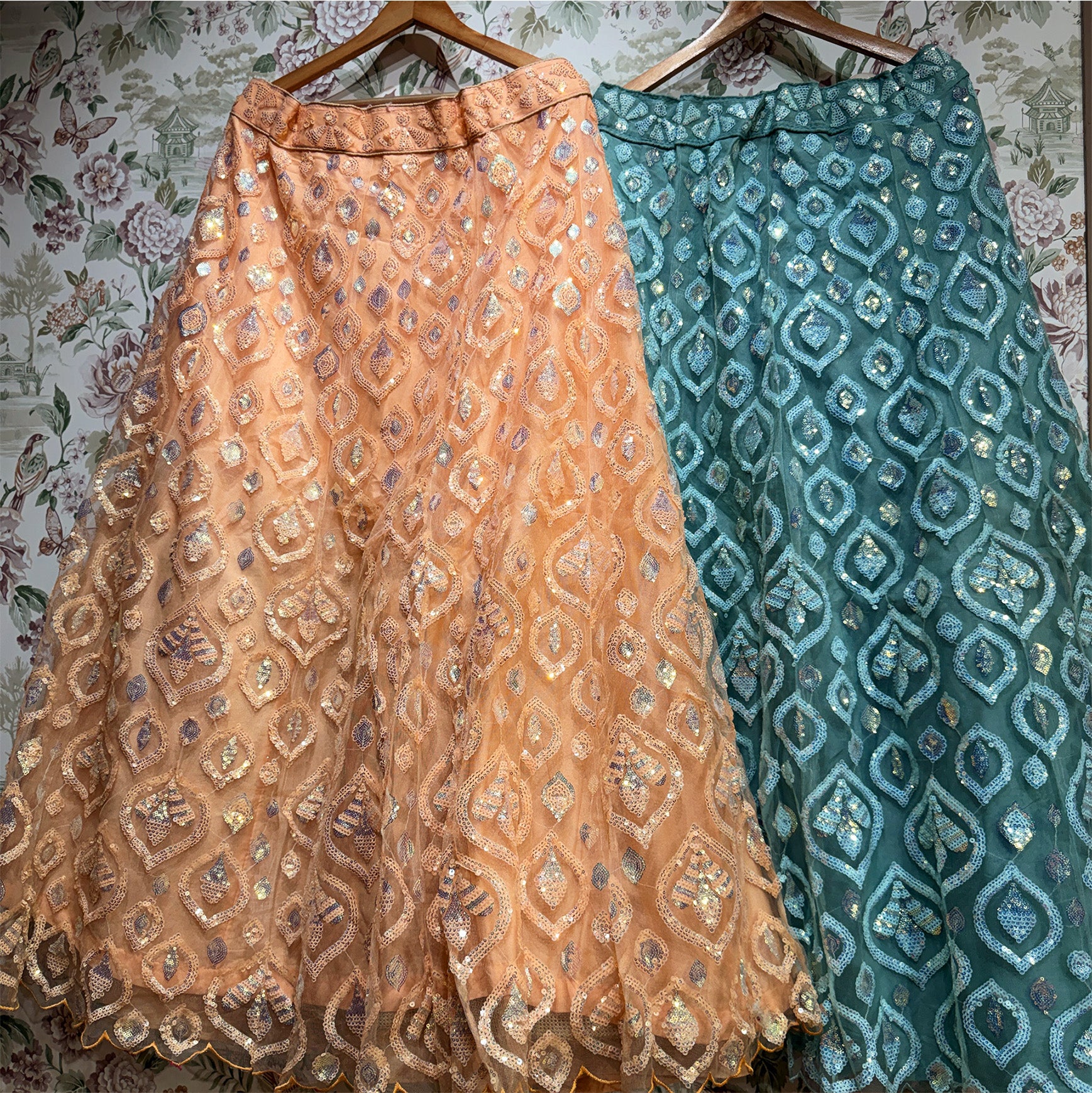 The Utsav Heirloom: Peach & Blue Heritage Lehenga Ensemble II – Peach and Blue – view 1