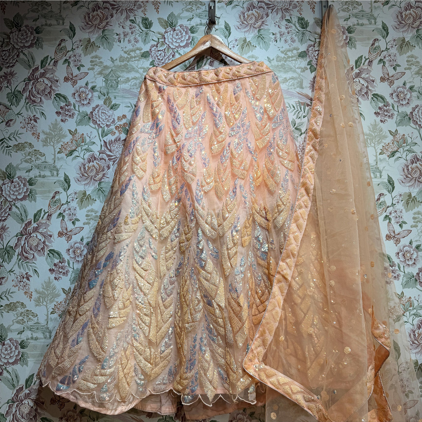 The Utsav Heirloom: Peach & Blue Heritage Lehenga Ensemble II – Peach and Blue – view 3